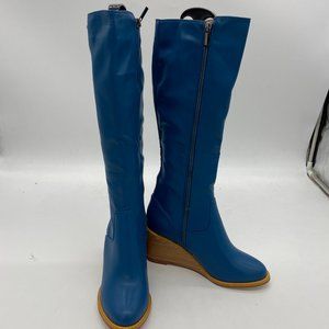 Blue Side Zipper Wedge High Heels Over The Knee Thigh High Boots